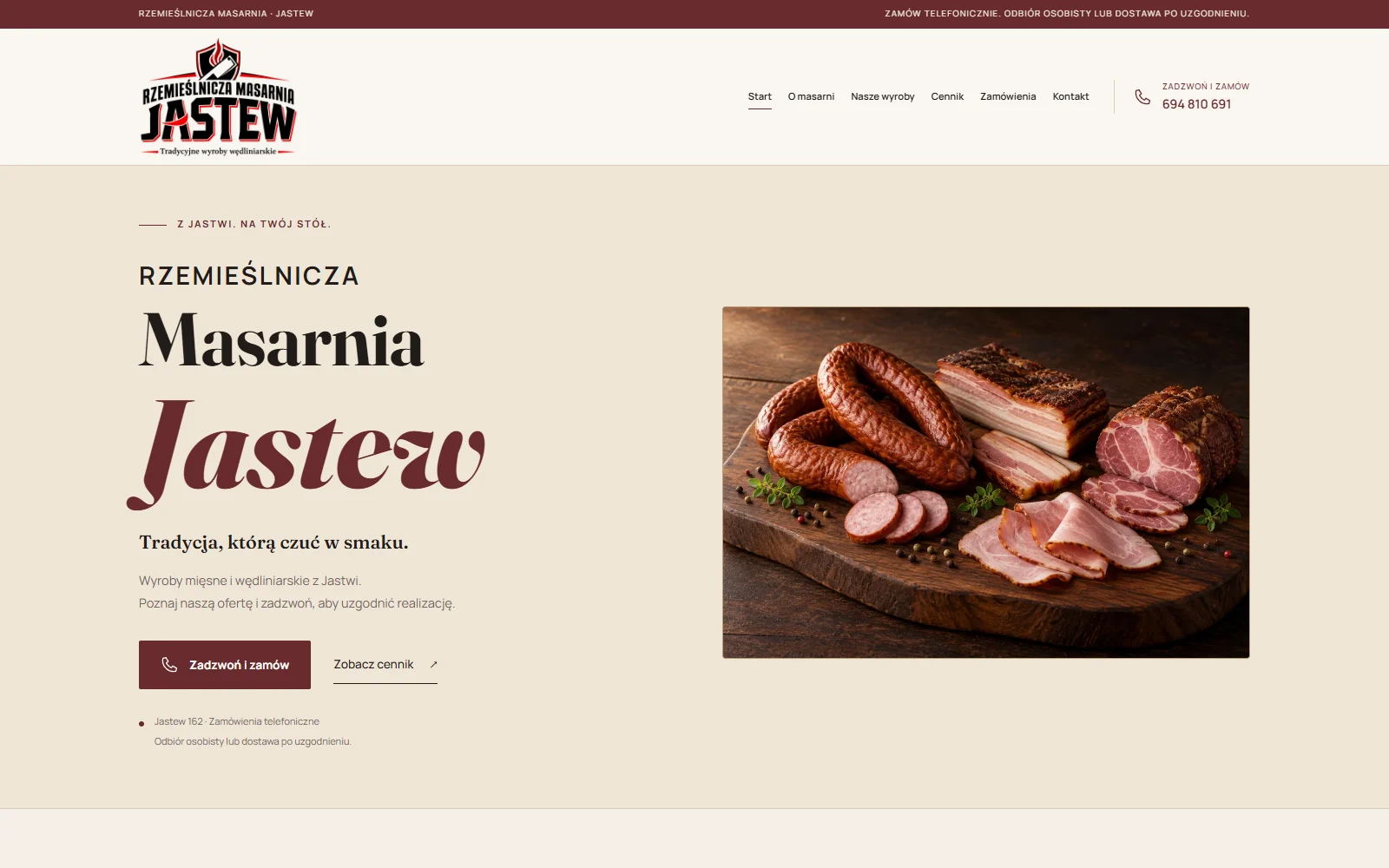 Homepage interface of Rzemieślnicza Masarnia Jastew, with warm cream and burgundy art direction.