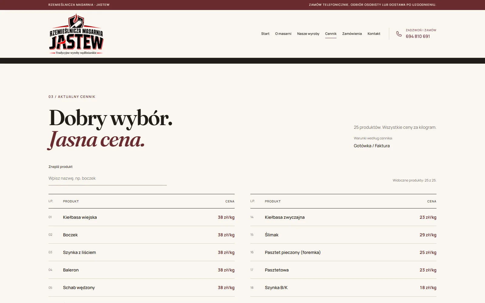 Interactive product price list on the Masarnia Jastew website