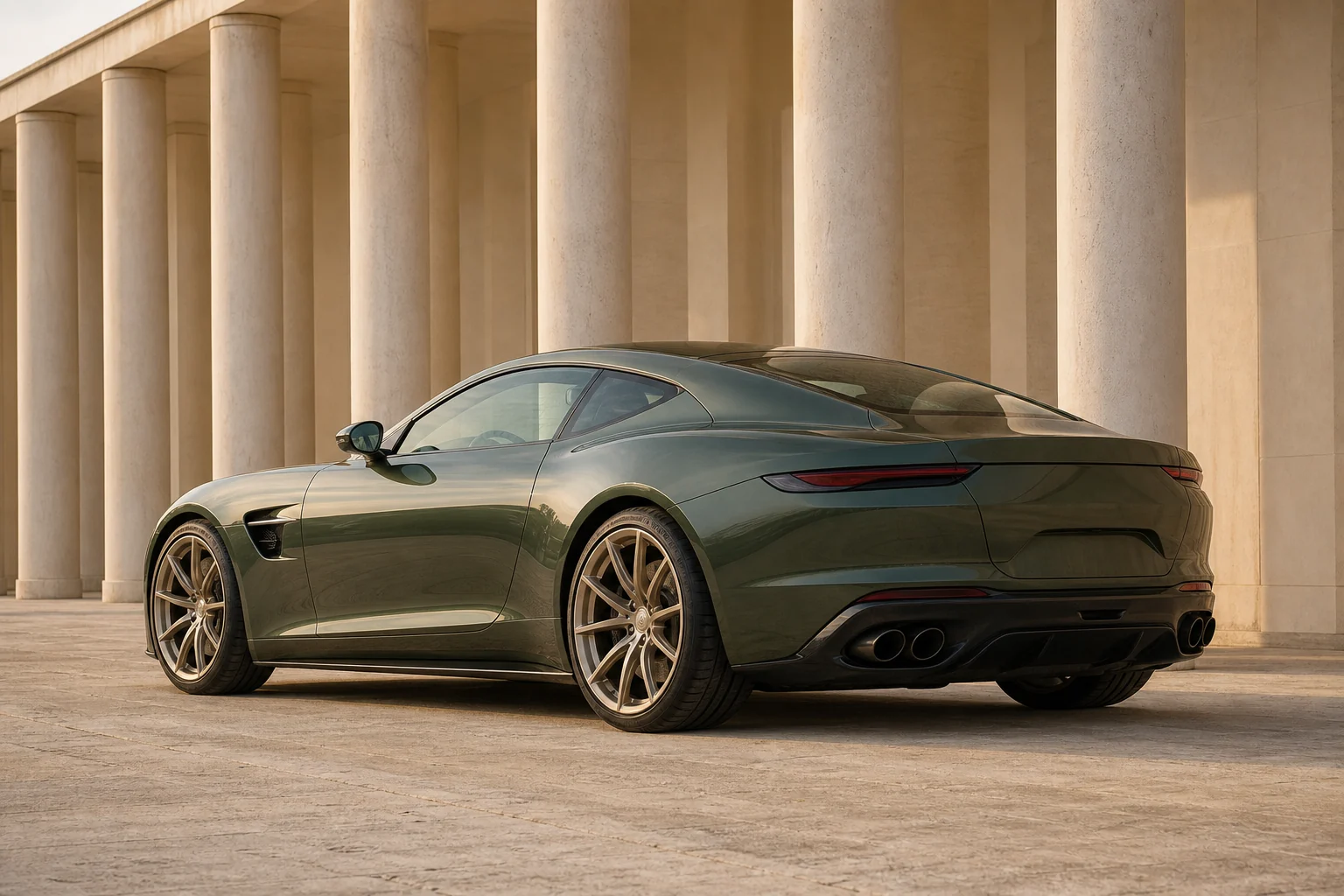 Olive NOIR R-03 grand tourer beside a stone colonnade.