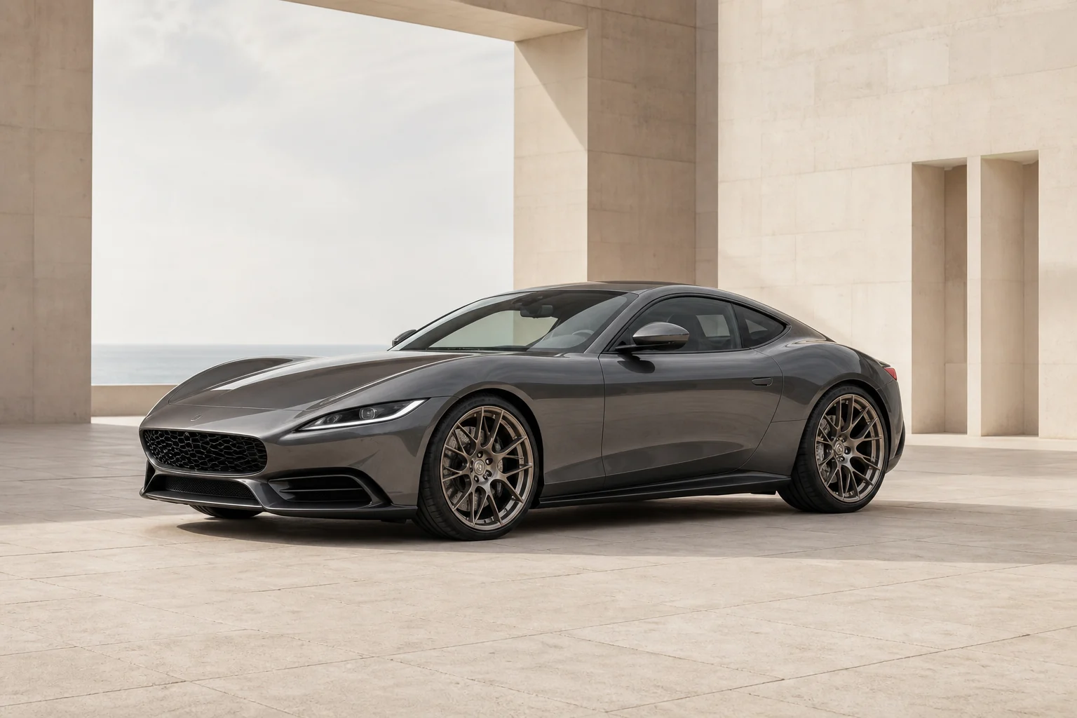 Graphite NOIR S-02 coupe in a limestone gallery.