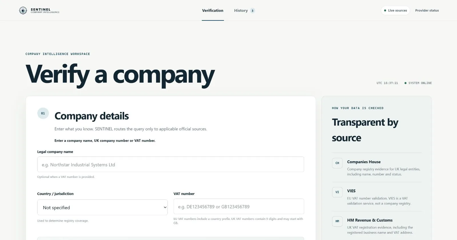 Workspace SENTINEL z formularzem danych firmy i opisem źródeł.